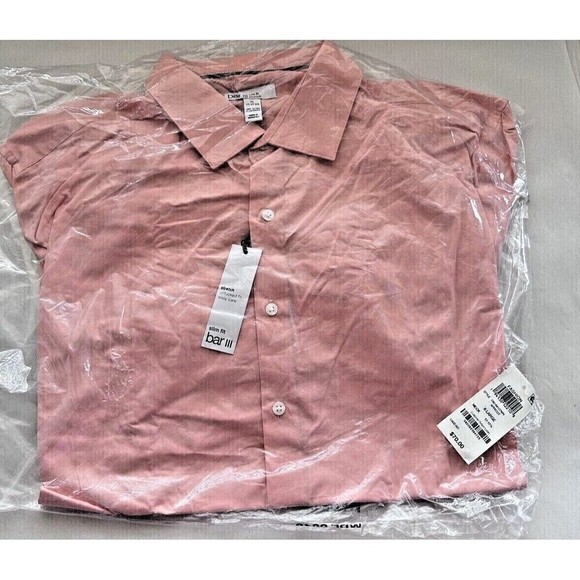 Bar III Mens Chambray Dress Shirt Button Down Apricot Slim Fit Long Sleeve - Picture 2 of 6